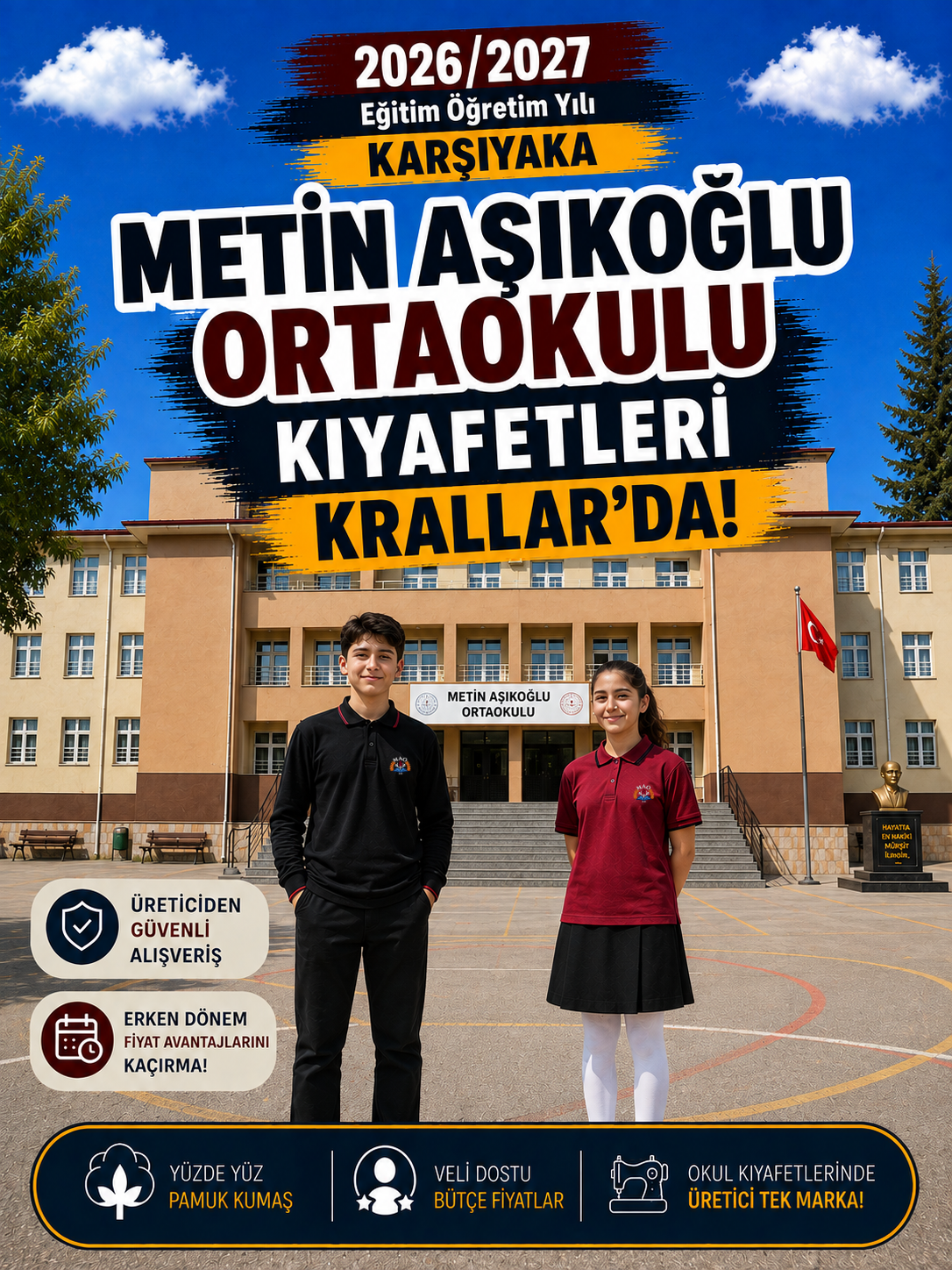 İzmir Karşıyaka Metin Aşıkoğlu Ortaokulu okul kıyafetleri ve okul forması, Krallar Tekstil tarafından okulun forma modeline uygun olarak üretilmektedir.