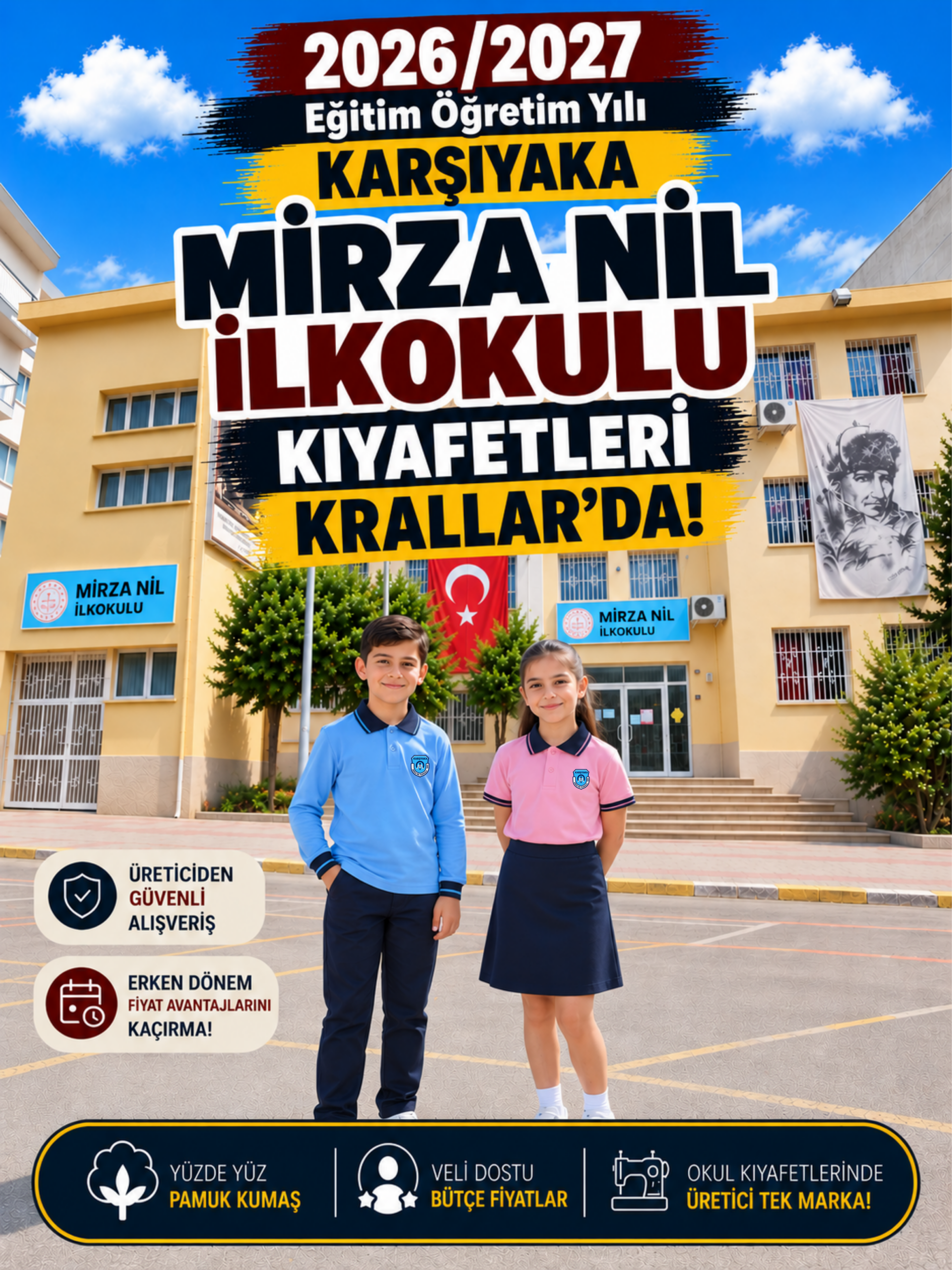 İzmir Karşıyaka Mirza Nil İlkokulu okul kıyafetleri ve okul forması, Krallar Tekstil tarafından okulun forma modeline uygun olarak üretilmektedir.