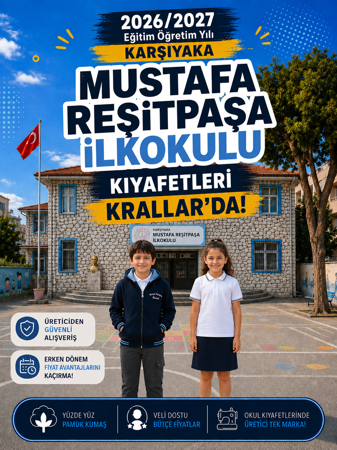 İzmir Karşıyaka Mustafa Reşitpaşa İlkokulu okul kıyafetleri ve okul forması, Krallar Tekstil tarafından okulun forma modeline uygun olarak üretilmektedir.