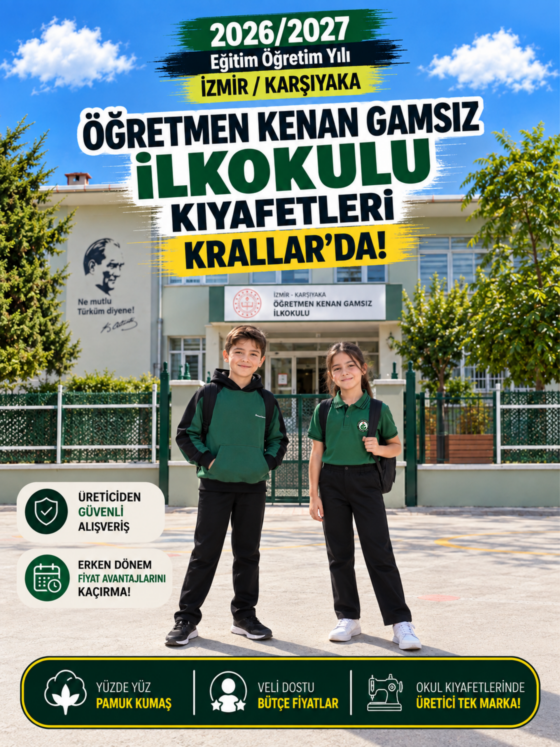 İzmir Karşıyaka Öğretmen Kenan Gamsız İlkokulu okul kıyafetleri ve okul forması, Krallar Tekstil tarafından okulun forma modeline uygun olarak üretilmektedir.