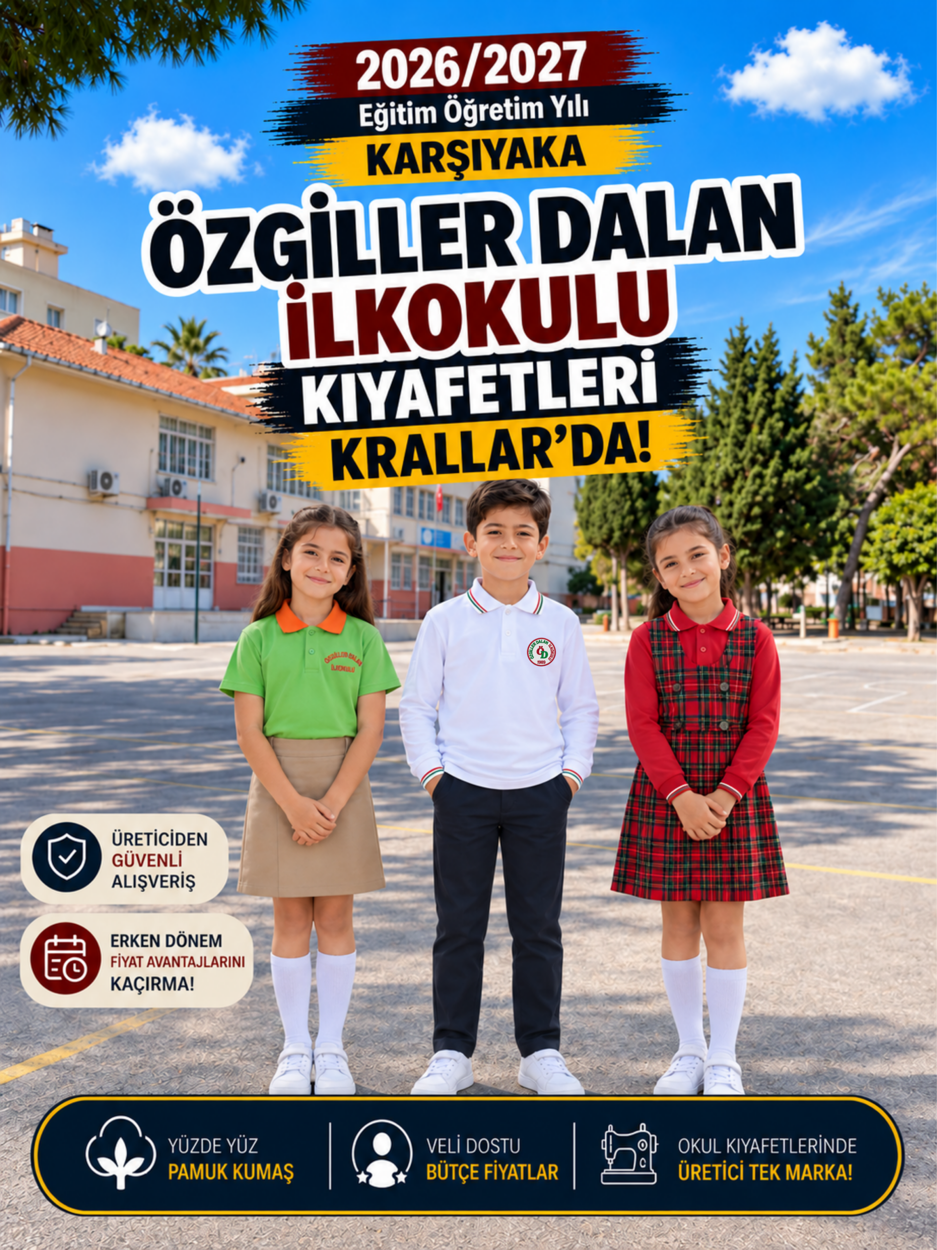 İzmir Karşıyaka Özgiller Dalan İlkokulu okul kıyafetleri ve okul forması, Krallar Tekstil tarafından okulun forma modeline uygun olarak üretilmektedir.