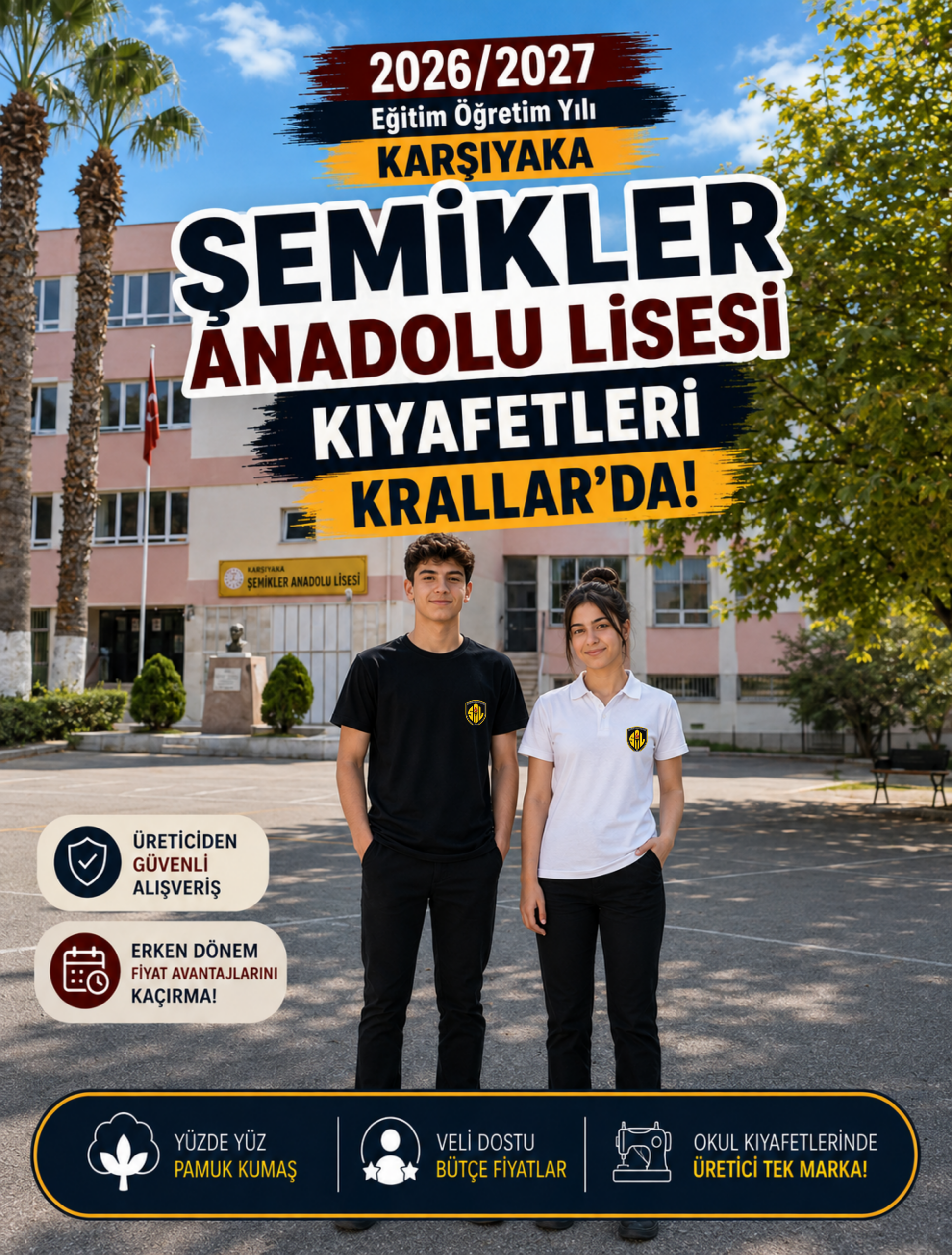 İzmir Karşıyaka Şemikler Anadolu Lisesi okul kıyafetleri ve okul forması, Krallar Tekstil tarafından okulun forma modeline uygun olarak üretilmektedir.