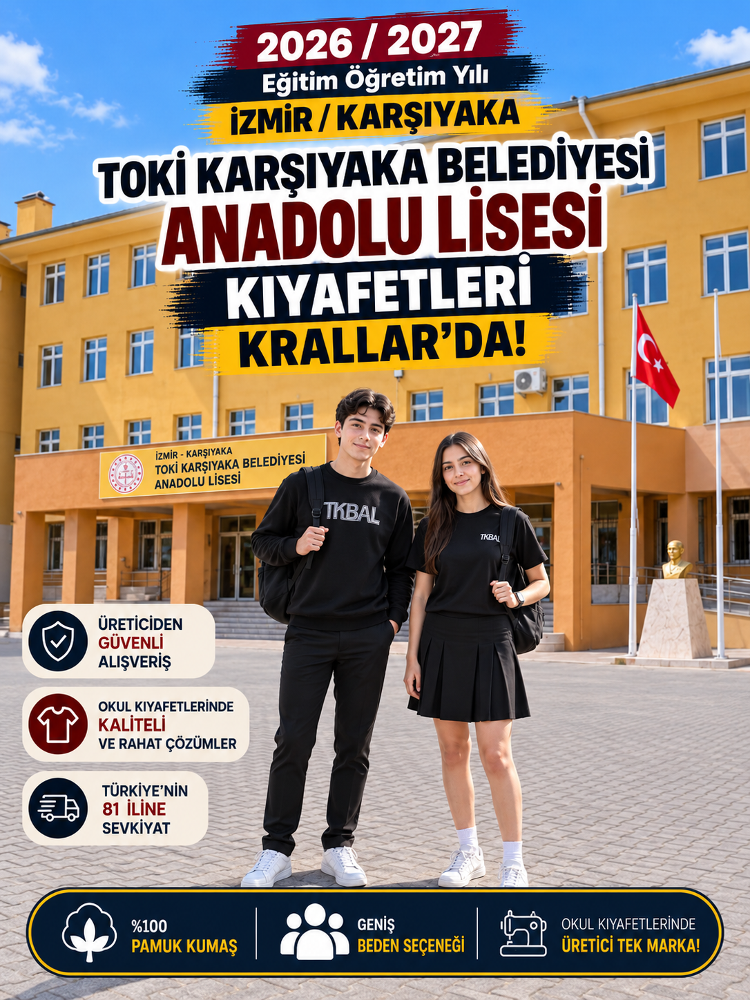 İzmir Karşıyaka TOKİ Karşıyaka Belediyesi Anadolu Lisesi okul kıyafetleri ve okul forması, Krallar Tekstil tarafından okulun forma modeline uygun olarak üretilmektedir.