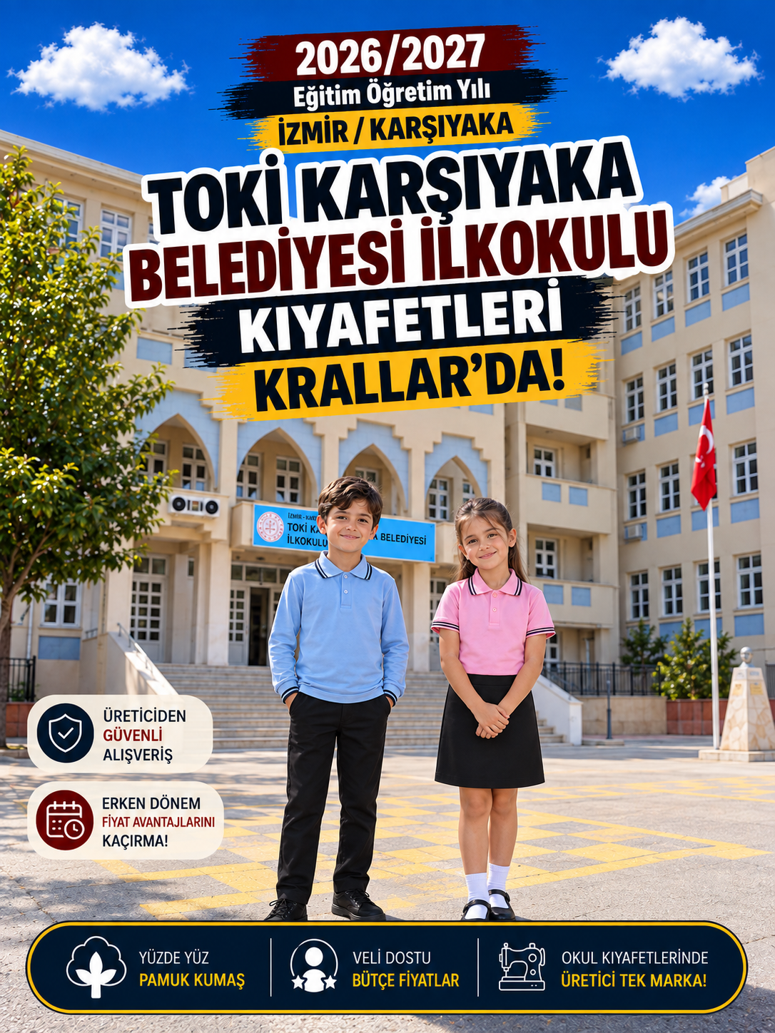 İzmir Karşıyaka TOKİ Karşıyaka Belediyesi İlkokulu okul kıyafetleri ve okul forması, Krallar Tekstil tarafından okulun forma modeline uygun olarak üretilmektedir.