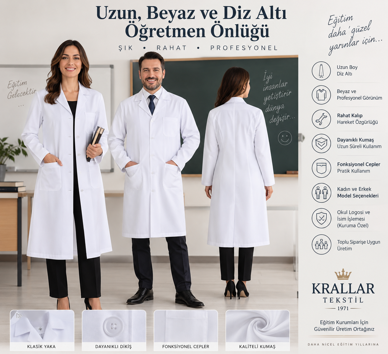 Uzun Öğretmen Önlüğü, 2026-2027 MEB Öğretmen Önlüğü, Okul Logolu Ve Kuruma Özel Öğretmen Önlüğü Üretimi Krallar Tekstil Diz Altı