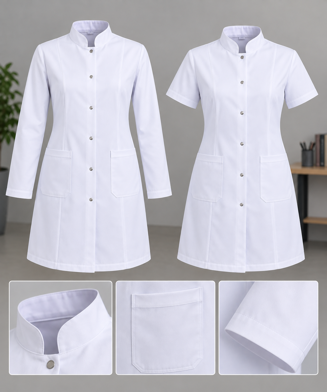 Krallar Tekstil uzun ve kısa kollu hâkim yaka öğretmen önlüğü modelleri.