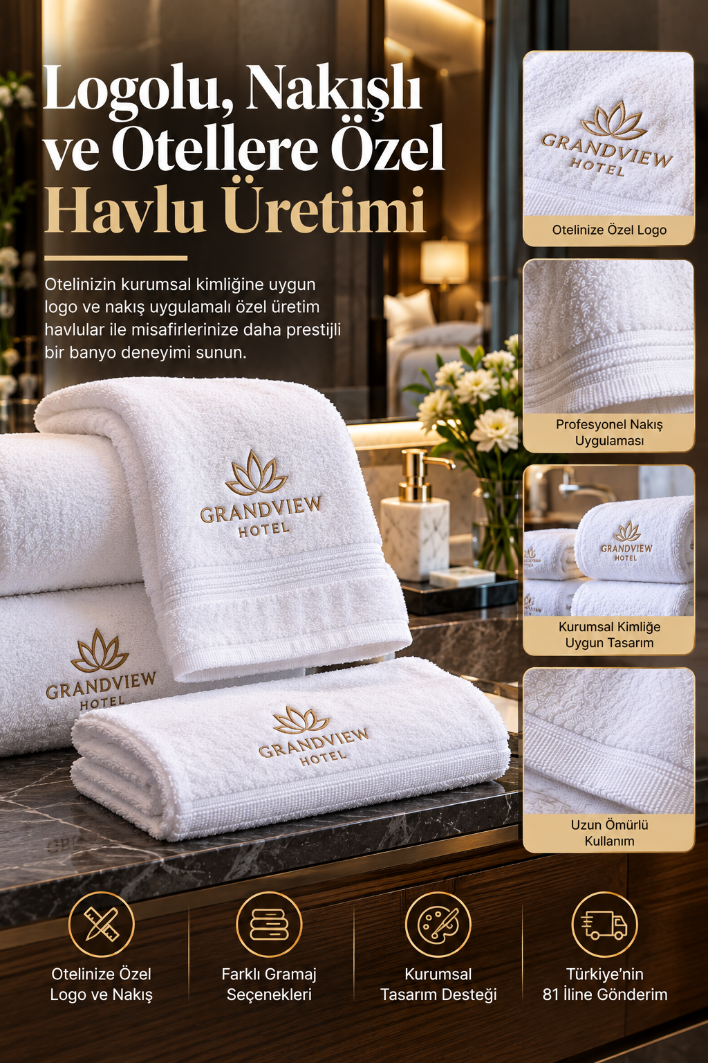 Kuruma özel nakış uygulamasıyla üretilen logolu beyaz otel havlularının lüks otel banyosundaki ürün sunumu.