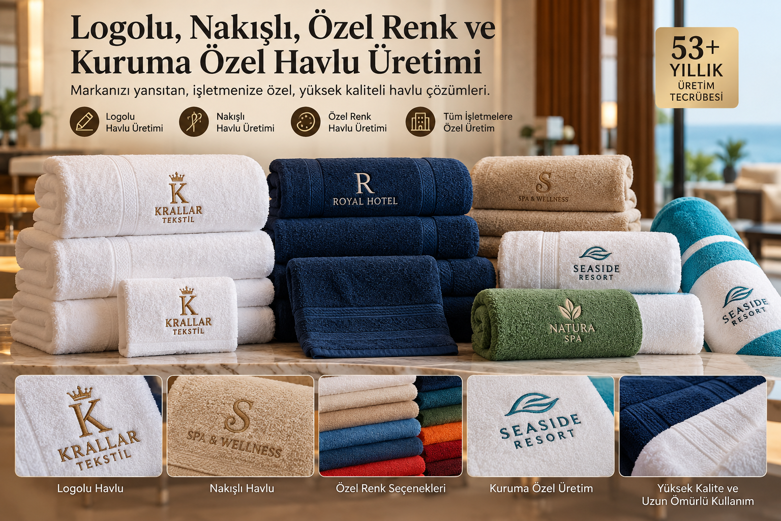 Krallar Tekstil’den otel ve işletmelere özel logolu, nakışlı ve özel renk havlu üretimi. Kurumsal kimliğinize uygun ölçü, gramaj ve renk seçenekleriyle toplu üretim ve devam üretimi avantajı.