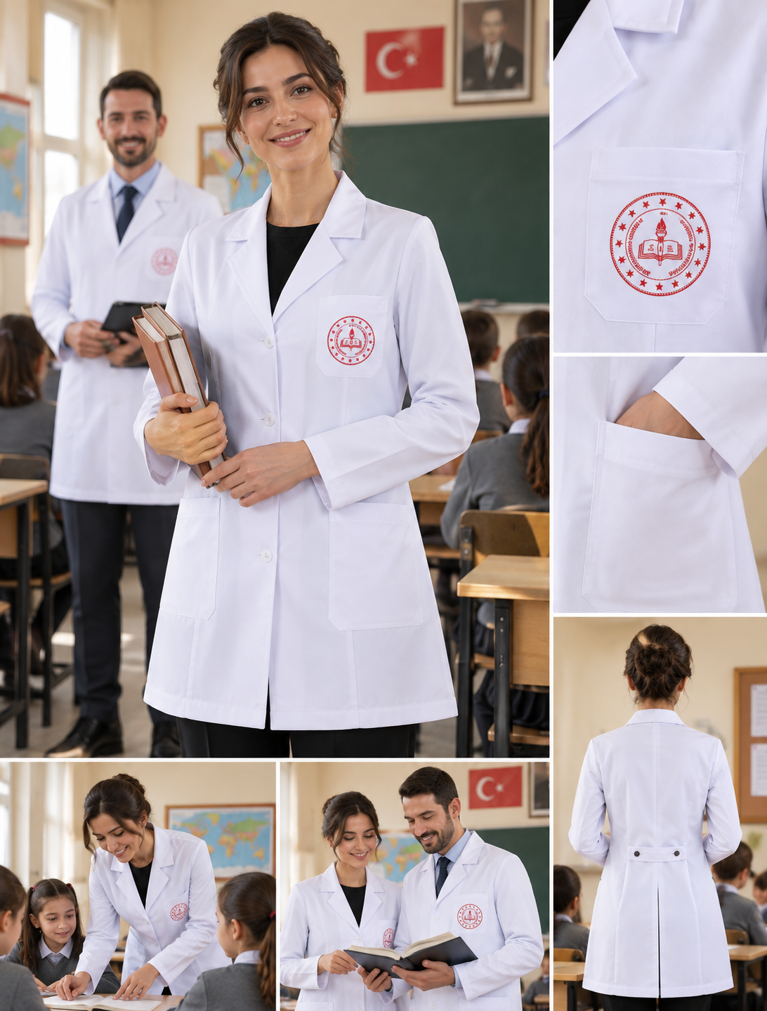Krallar Tekstil’in MEB standartlarına uygun öğretmen önlüğü modelleri; okul logolu, isim işlemeli ve kuruma özel üretim seçenekleriyle eğitim kurumlarının ihtiyaçlarına yönelik üretilmektedir.