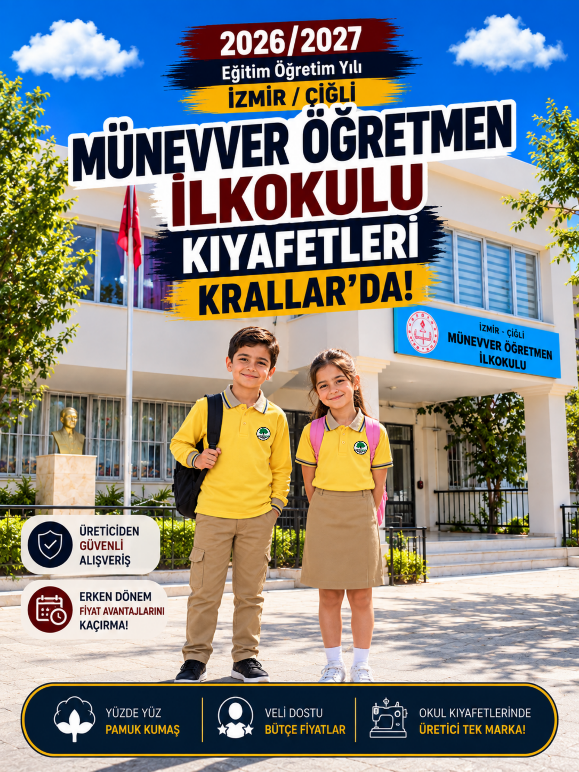 Münevver Öğretmen İlkokulu okul kıyafetleri ve okul forması, Krallar Tekstil tarafından okulun forma modeline uygun olarak üretilmektedir. Münevver Öğretmen İlkokulu okul kıyafetleri ve okul forması, Krallar Tekstil tarafından okulun forma modeline uygun olarak üretilmektedir.