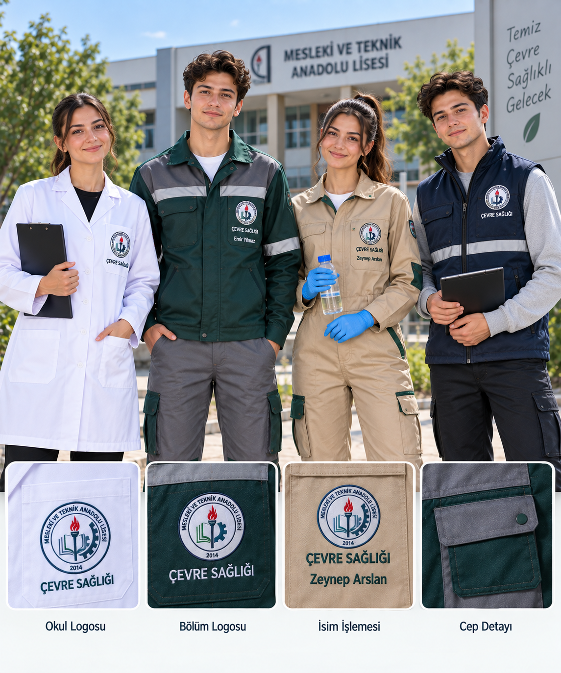 Okul ve bölüm logolu Çevre Sağlığı iş ve staj kıyafetleri, isim nakışı ve kuruma özel üretim seçenekleriyle Krallar Tekstil tarafından hazırlanır.