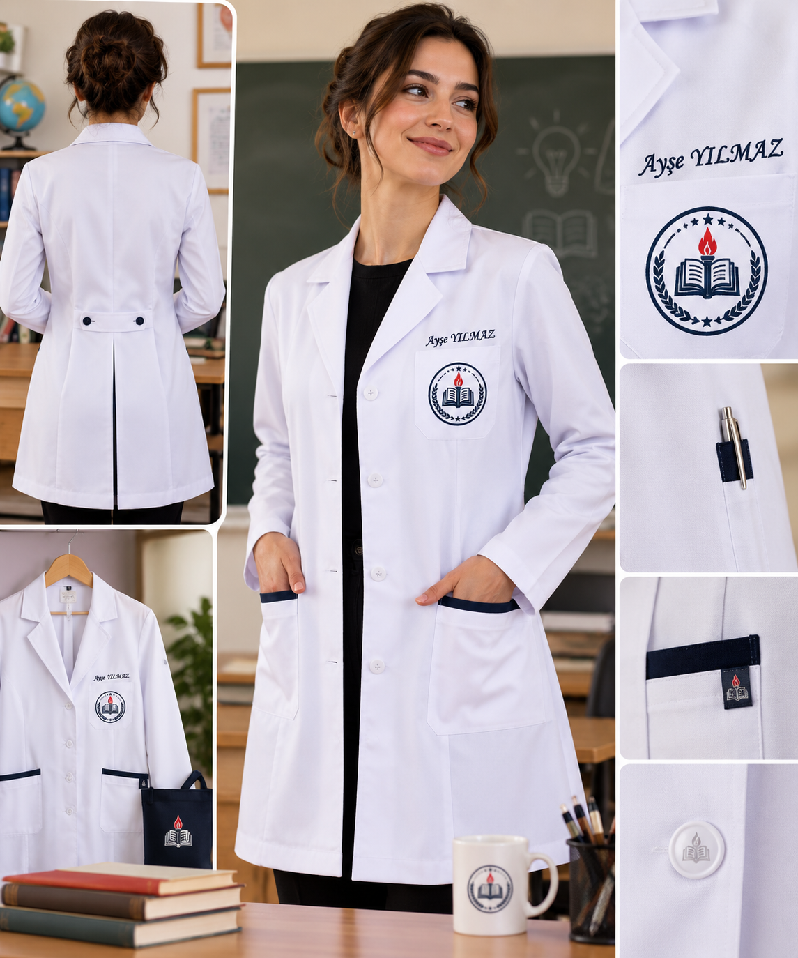 Krallar Tekstil tarafından üretilen okul logolu, isim işlemeli ve kuruma özel öğretmen önlüğü modelleri; okul ve kurumlara özel logo nakışı, isim işlemesi, beden ve model seçenekleriyle toplu üretime uygundur.