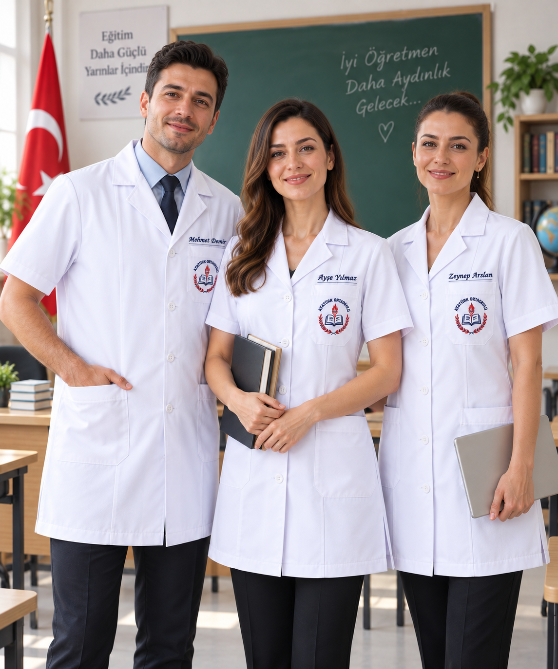 Kadın ve erkek öğretmenler için MEB logolu kısa kollu öğretmen önlükleri.