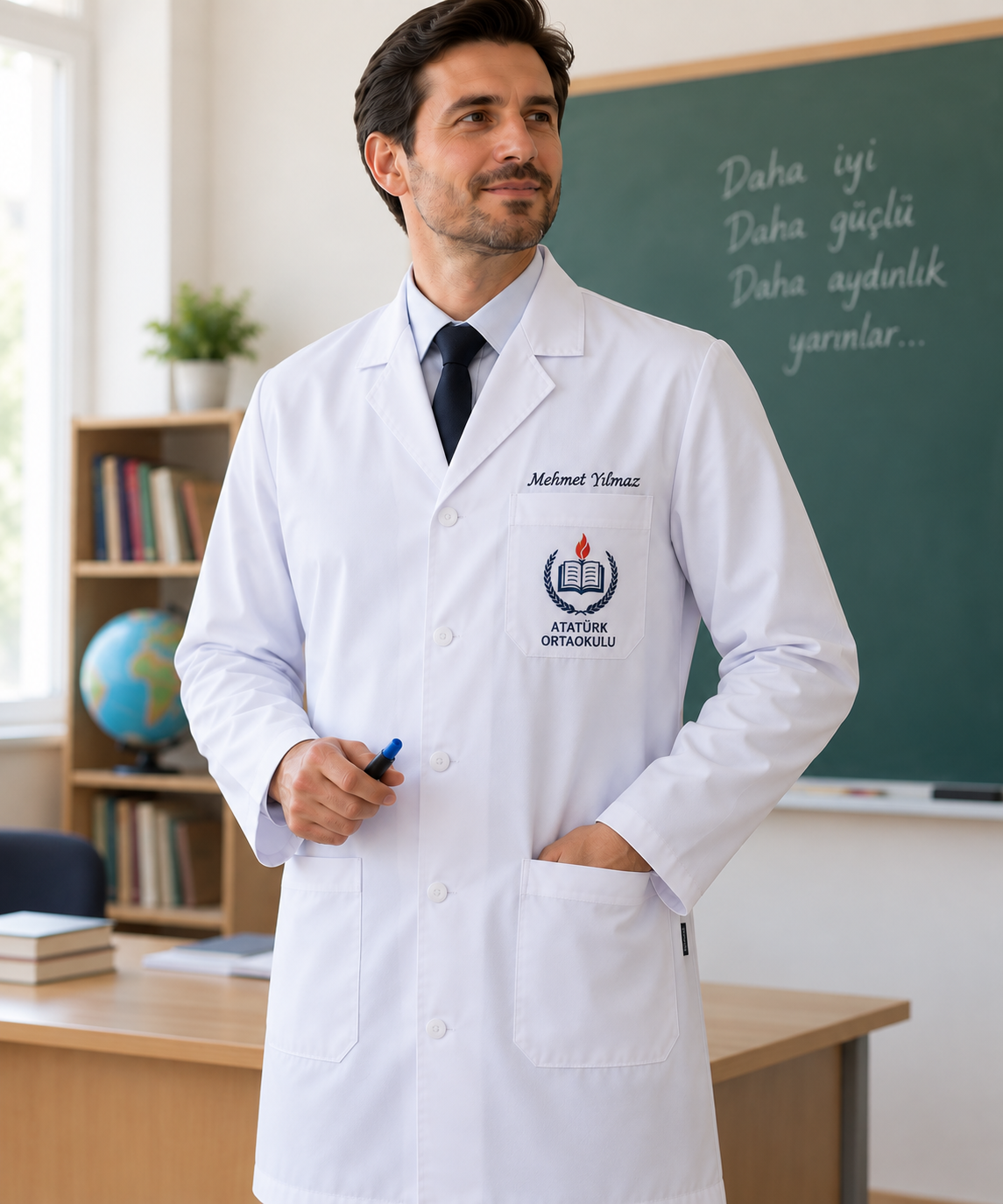 Okul logosu ve öğretmen ismi nakışlı erkek öğretmen önlüğü.