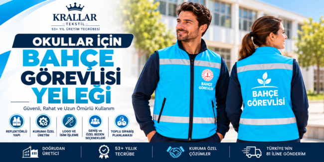 Krallar Tekstil tarafından okullar için üretilen reflektörlü, logo ve isim işlemeli, özel beden seçenekli bahçe görevlisi yelekleri; kuruma özel ve toplu üretim çözümleriyle Türkiye’nin 81 iline sunulmaktadır.