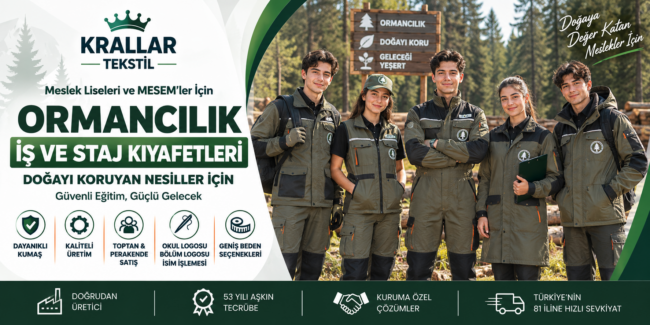 Meslek liseleri ve MESEM’ler için Ormancılık iş ve staj kıyafetleri; iş tulumu, iş ceketi, pantolon, yelek ve saha kıyafeti seçenekleriyle Krallar Tekstil tarafından kuruma özel ve toplu olarak üretilmektedir.