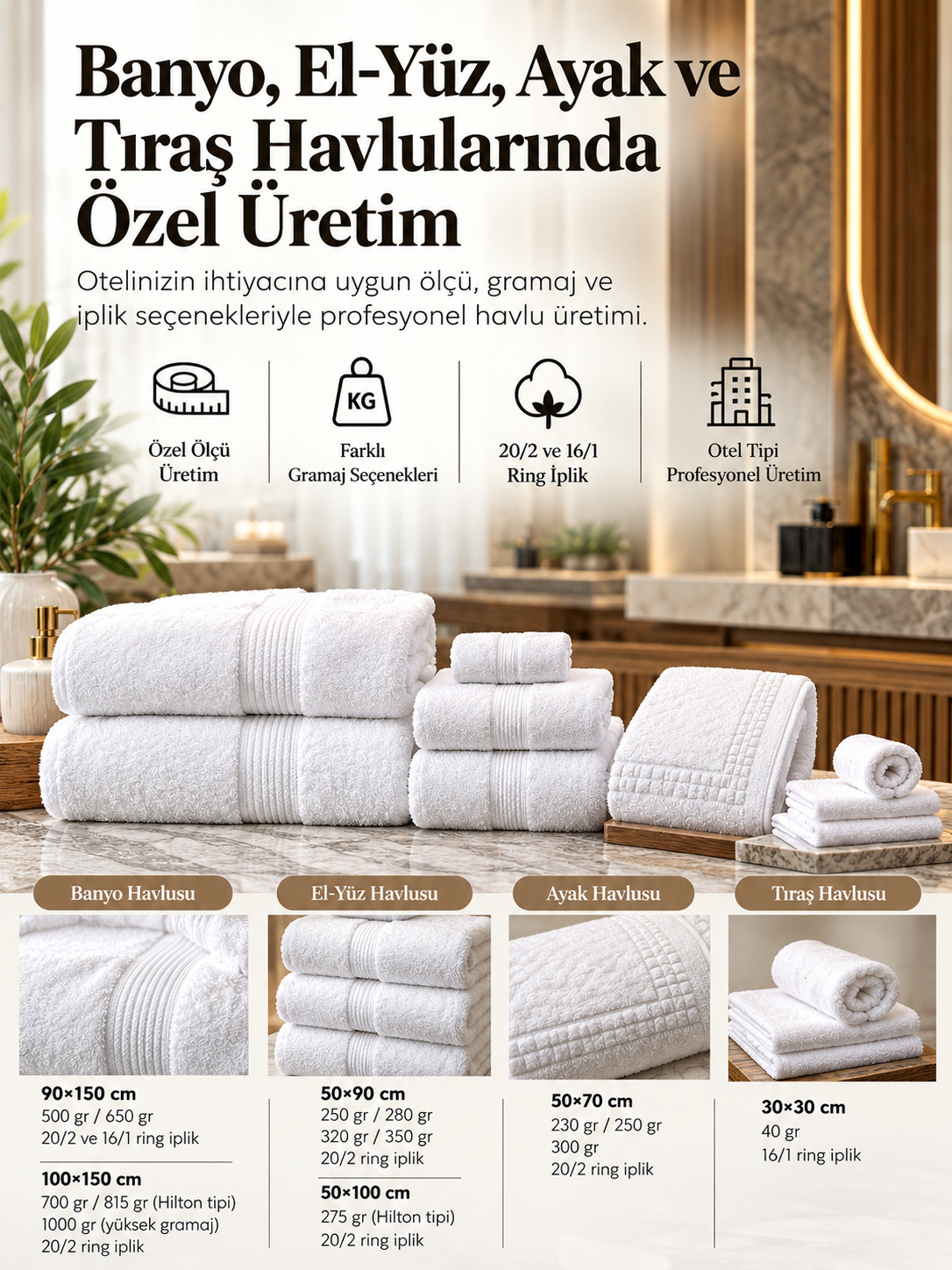 Otellerin kullanım alanına göre özel ölçü ve gramajlarda banyo, el-yüz, ayak ve tıraş havlusu üretimi. Krallar Tekstil ile doğrudan üreticiden kuruma özel, toplu ve devamlı havlu üretimi.