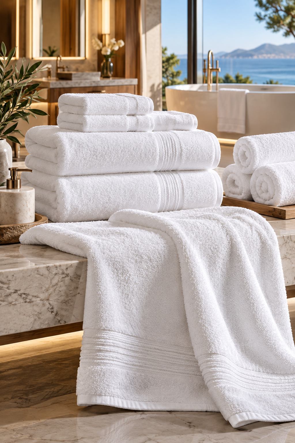 Özel ölçü ve gramaj seçenekleriyle oteller için üretilen beyaz banyo, el-yüz ve diğer profesyonel havlu çeşitlerinin lüks otel banyosunda gösterimi. Krallar Tekstil, özel ölçü ve toplu otel havlusu üretimi yapmaktadır.
