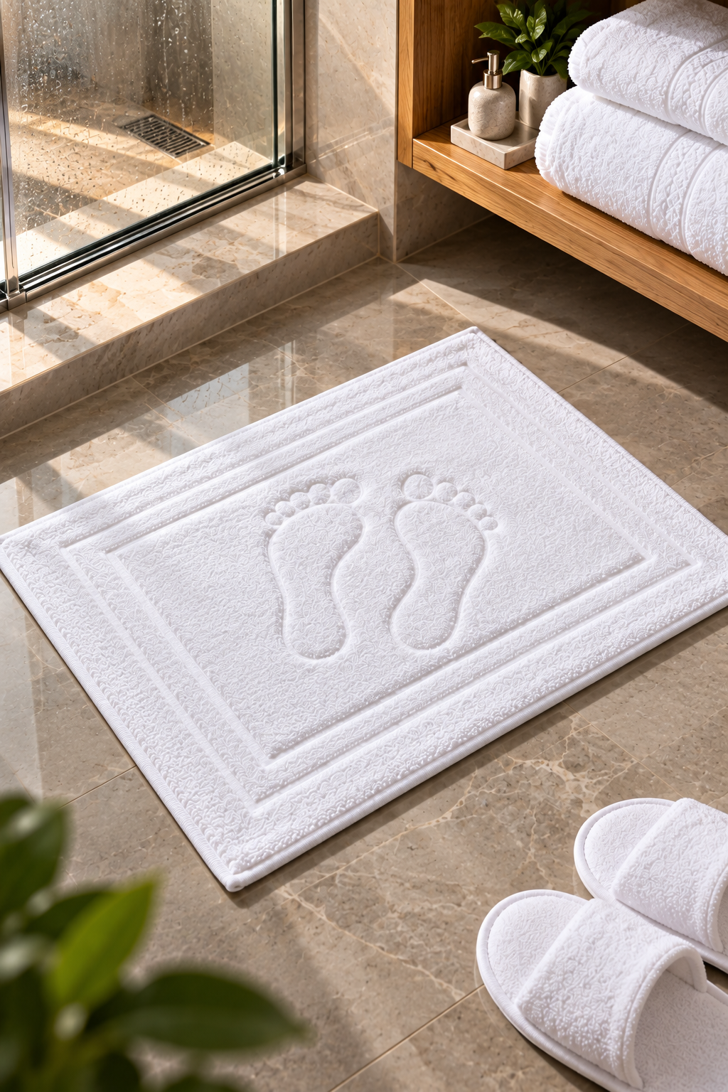 Otel banyosunda kullanılan beyaz 50x70 cm ayak havlusu. Yoğun kullanıma uygun yapısı ve farklı gramaj seçenekleriyle otel, resort ve konaklama tesisleri için üretilebilir.