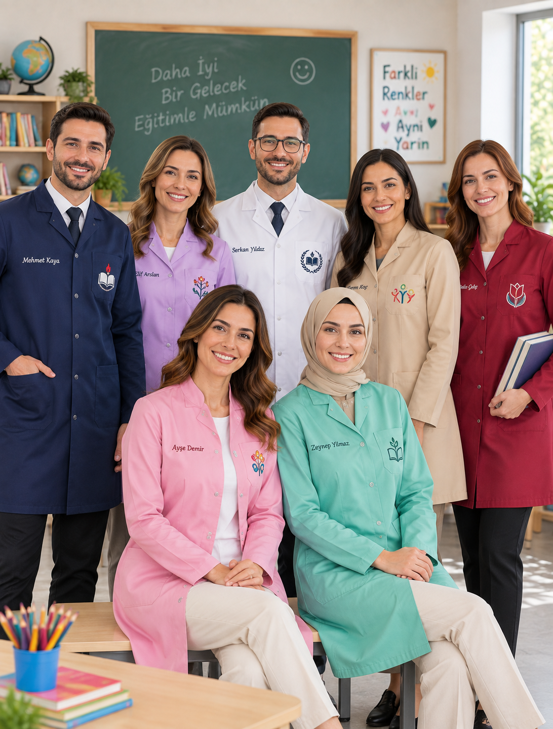 Kadın ve erkek öğretmenler için farklı renk, kalıp ve kullanım seçeneklerini bir arada gösteren renkli öğretmen önlüğü modelleri.