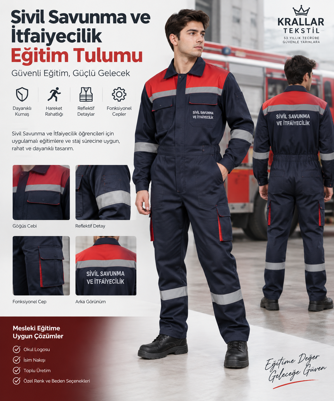 Sivil Savunma ve İtfaiyecilik öğrencileri için eğitim ve uygulama kullanımına yönelik tulumlar; okul ihtiyaçlarına özel üretim, beden ve model seçenekleriyle Krallar Tekstil.