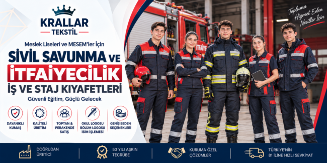 Sivil Savunma ve İtfaiyecilik öğrencileri için iş ve staj kıyafetleri, eğitim tulumu ve reflektörlü iş elbiseleri; okul ve bölüm logosu, isim işlemesi, özel beden ve toplu üretim seçenekleriyle Krallar Tekstil’den Türkiye’nin 81 iline sevkiyat.