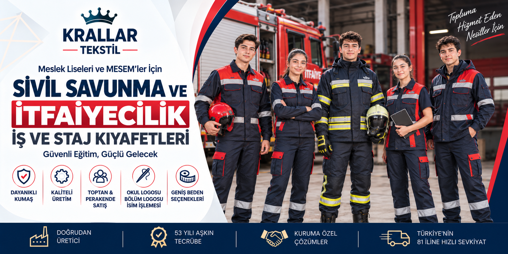 Sivil Savunma ve İtfaiyecilik öğrencileri için iş ve staj kıyafetleri, eğitim tulumu ve reflektörlü iş elbiseleri; okul ve bölüm logosu, isim işlemesi, özel beden ve toplu üretim seçenekleriyle Krallar Tekstil’den Türkiye’nin 81 iline sevkiyat.