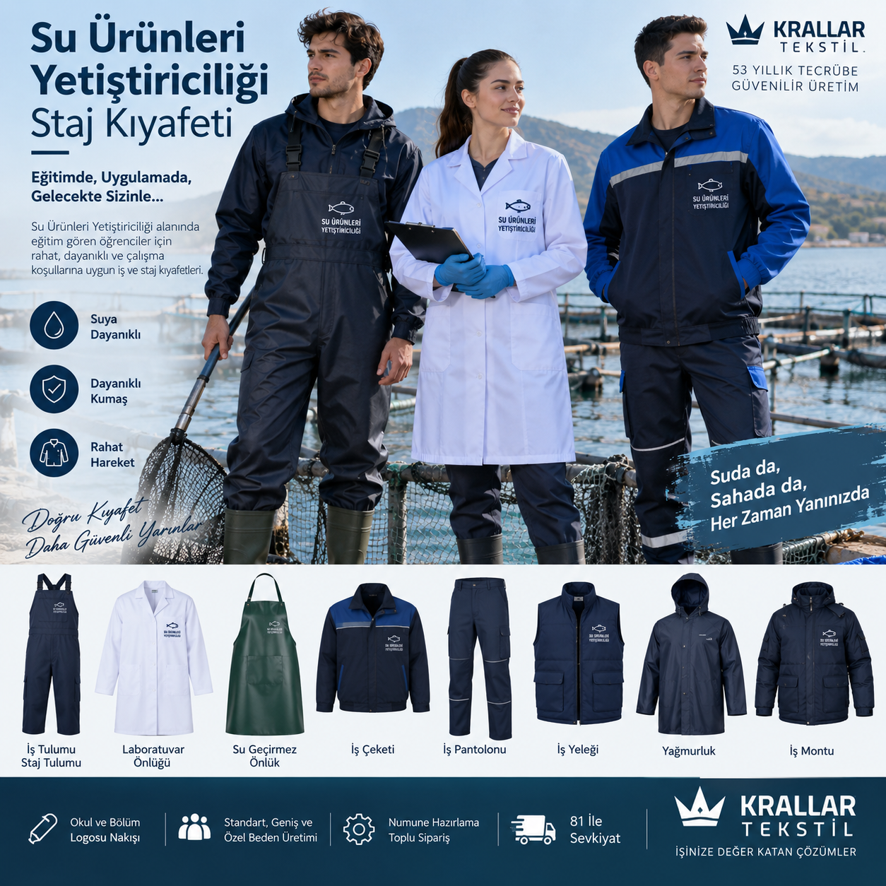 Su Ürünleri Yetiştiriciliği staj kıyafeti ve öğrenci iş kıyafetleri Krallar Tekstil tarafından kuruma özel üretilmektedir.