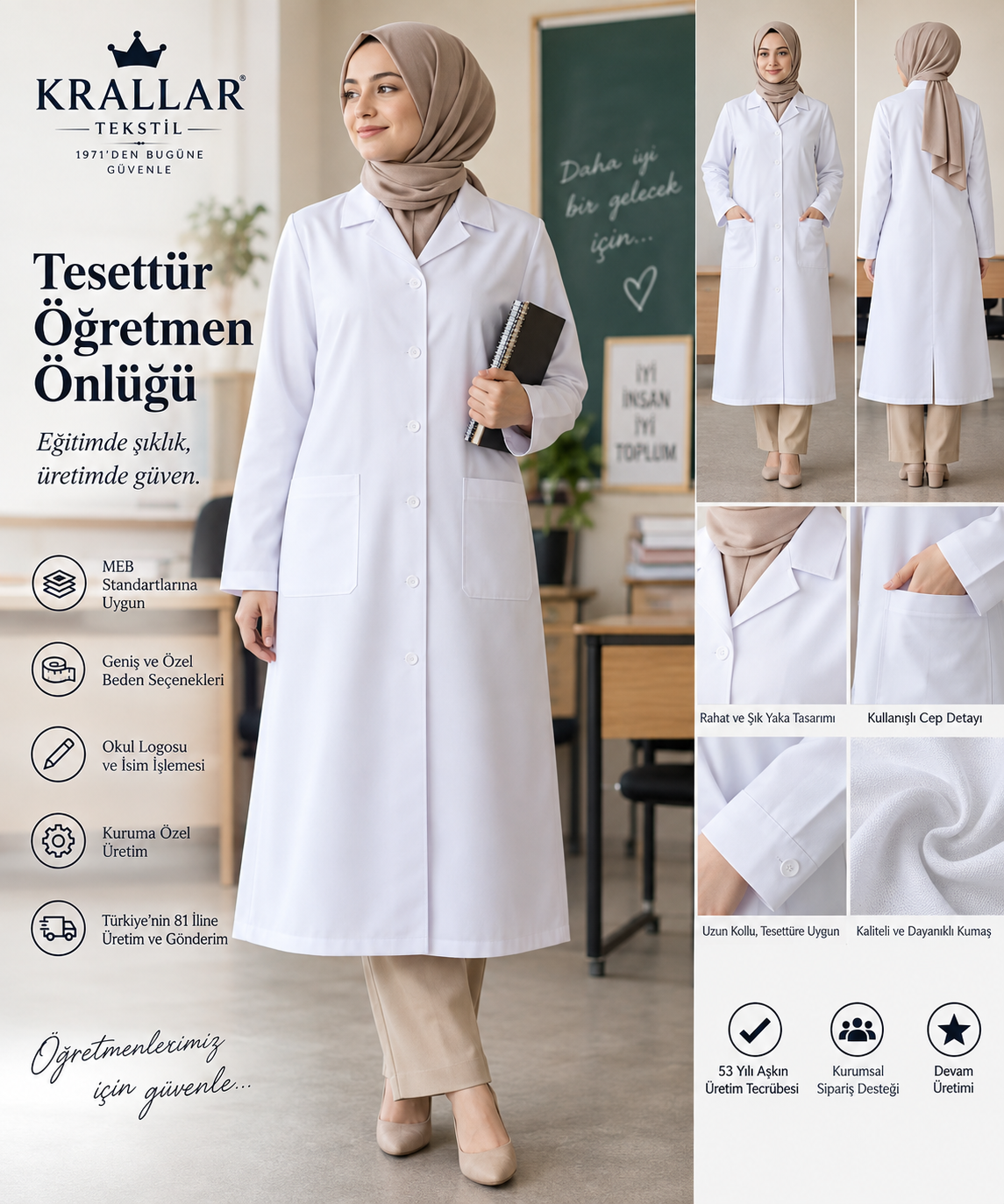 Tesettür Öğretmen Önlüğü, 2026-2027 MEB Öğretmen Önlüğü, Okul Logolu Ve Kuruma Özel Öğretmen Önlüğü Üretimi Krallar Tekstil