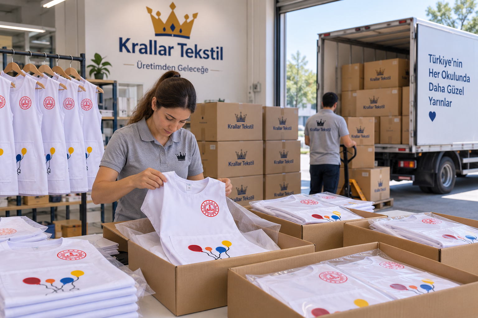 MEB standartlarına uygun öğretmen önlüğü üretiminde doğrudan üretici avantajı, kontrollü kalite ve yüksek adetli üretim kapasitesi.