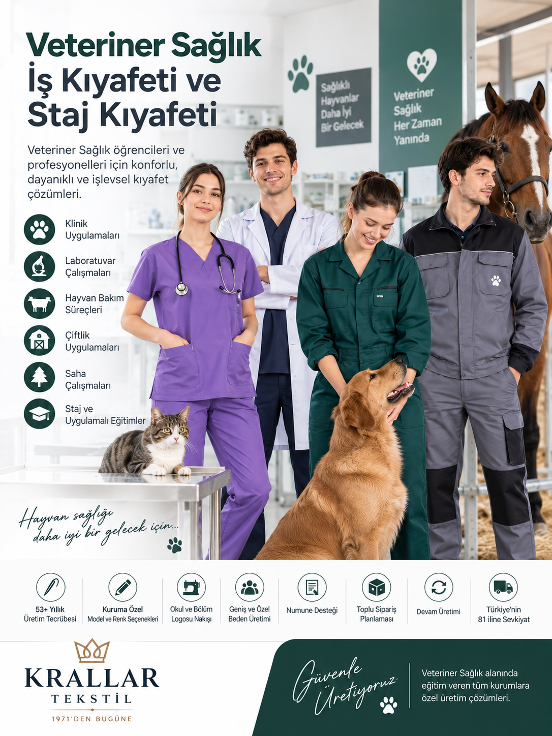 Veteriner Sağlık iş ve staj kıyafetleri; tulum, önlük, forma ve saha kıyafeti seçenekleriyle Krallar Tekstil tarafından kuruma özel üretilmektedir.