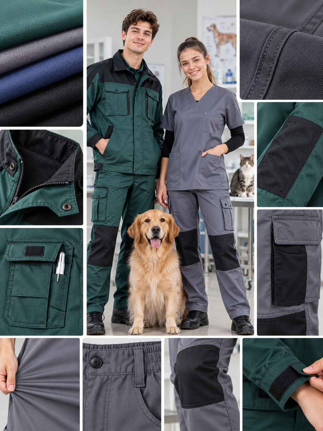 Veteriner Sağlık iş kıyafetlerinde kumaş, rahat kalıp, dayanıklı dikiş, işlevsel cep ve kullanım detayları Krallar Tekstil üretim tecrübesiyle bir araya getirilmektedir.
