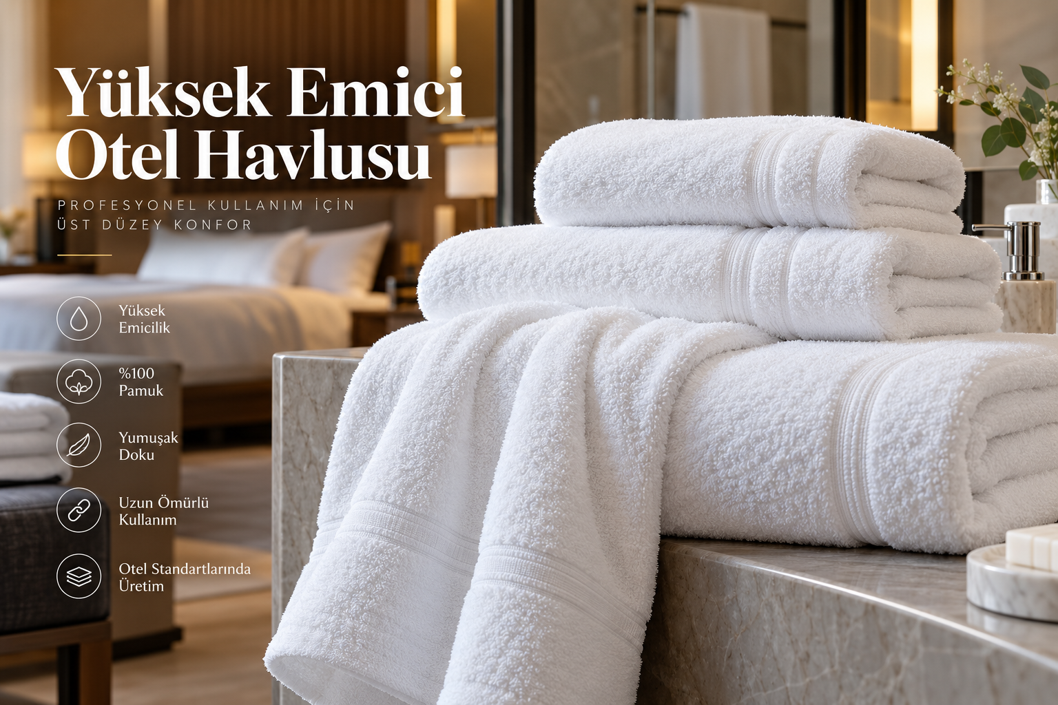 Yüksek emicilik, yumuşak doku ve profesyonel kullanım özellikleriyle otel ve konaklama tesislerine özel havlu üretimi. Krallar Tekstil, farklı ölçü ve gramaj seçenekleriyle toplu otel havlusu üretimi ve 81 ile gönderim sağlar.