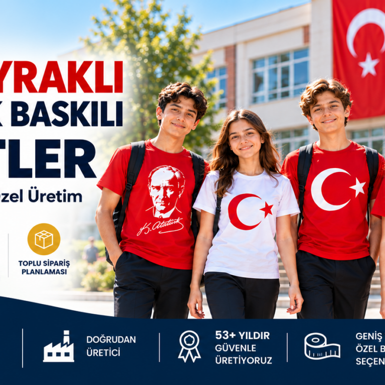 29 Ekim Cumhuriyet Bayramı için okullara ve kurumlara özel Türk Bayraklı tişört üretimi gerçekleştiren Krallar Tekstil; toplu sipariş, farklı beden seçenekleri, özel üretim ve Türkiye geneli gönderim çözümleri sunar.
