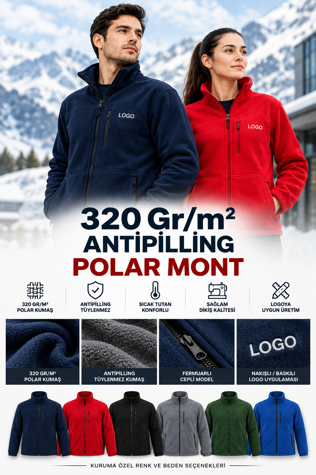 320 gr/m² antipilling polar kumaş, dik yaka, fermuarlı yan cepler ve farklı kumaştan hazırlanan ton sür ton göğüs cebi detayına sahip polar mont modeli.
