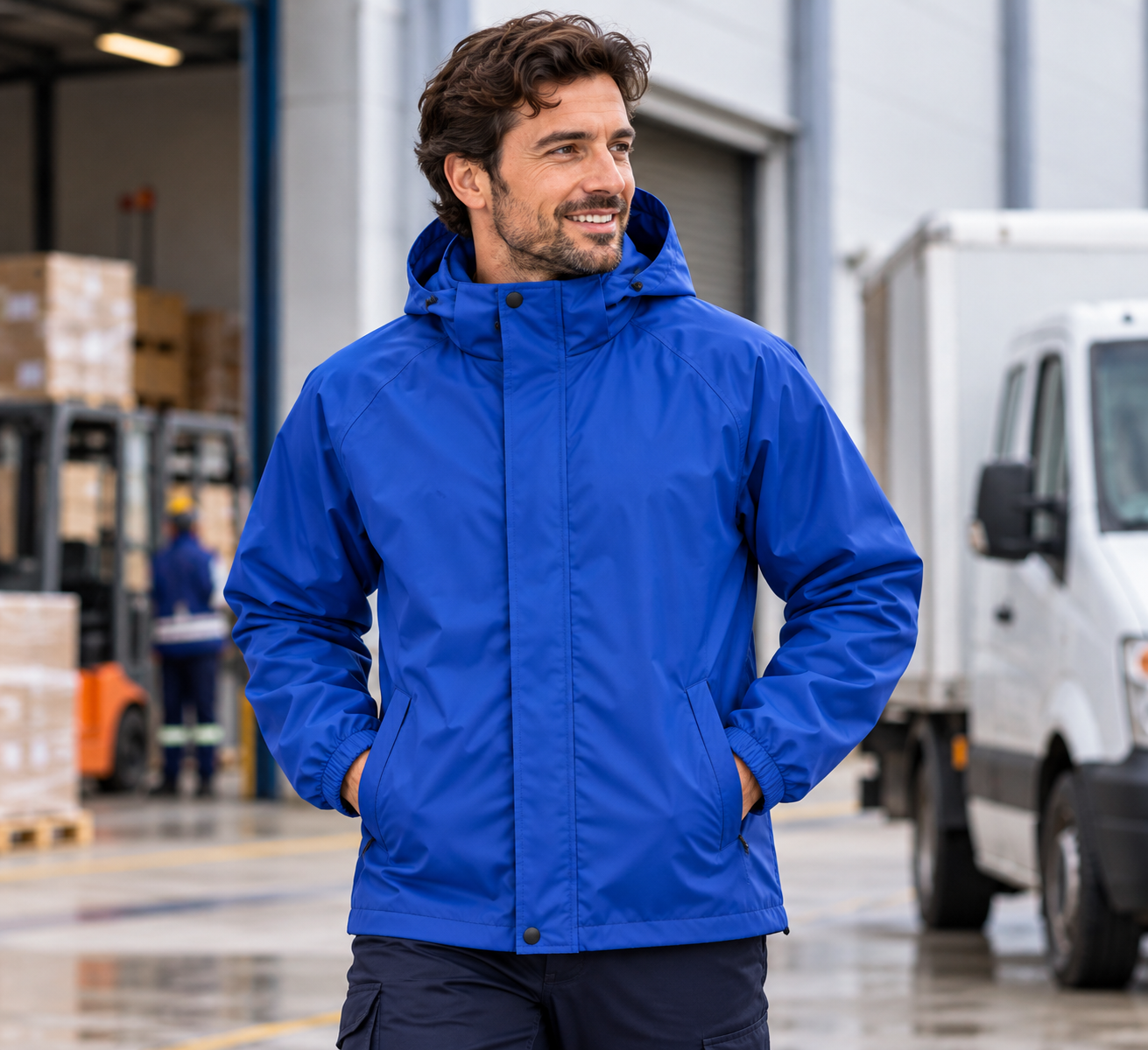 Krallar Tekstil'in Burdur için sunduğu saks mavi erkek yağmurluk mont modeli, suya dayanıklı yapısı ve rahat kullanım özellikleriyle öne çıkar. Fabrika, teknik servis ve saha personeli için kurumsal logo uygulamaları yapılabilir.