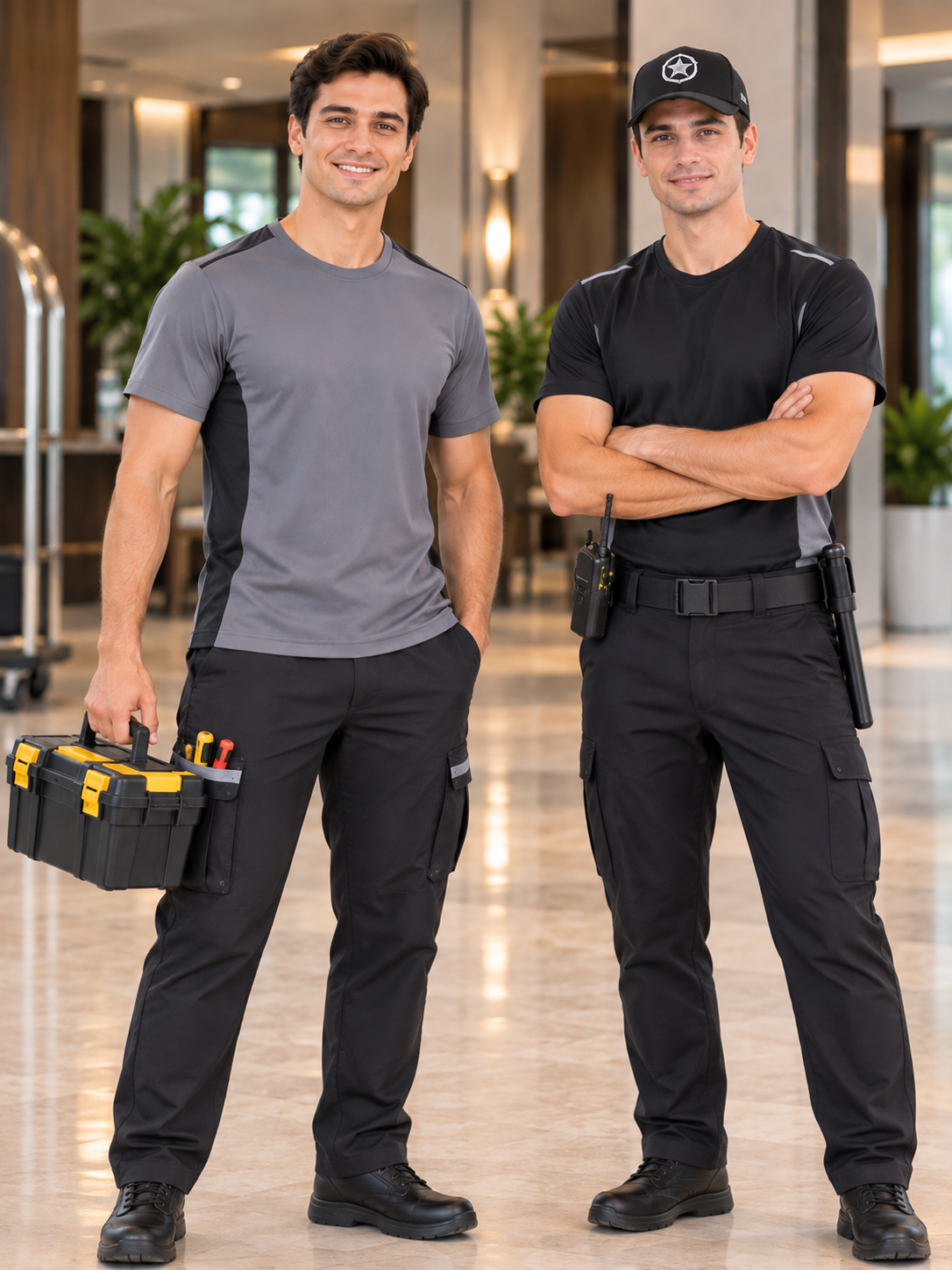 Açıklama: Krallar Tekstil tarafından üretilen Dry Touch Tshirt modelleri, otel teknik servis ve güvenlik personellerinin günlük kullanımına uygun, nefes alabilen, teri uzaklaştırmaya yardımcı, hızlı kuruyan ve hareket özgürlüğü sağlayan kumaş yapısıyla konforlu ve profesyonel kurumsal personel kıyafeti çözümleri sunar.