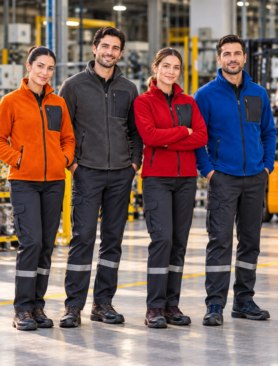 Fabrika ve üretim tesisi çalışanları için portakal, antrasit, kırmızı ve saks mavi gibi farklı renklerde kurumsal polar mont modelleri.