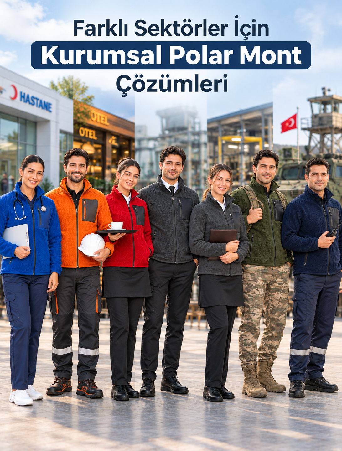 Sağlık, fabrika, restoran, otel, askeri ve farklı kurum personelleri için sektöre ve kurumsal kimliğe göre özelleştirilebilen polar mont çözümleri.