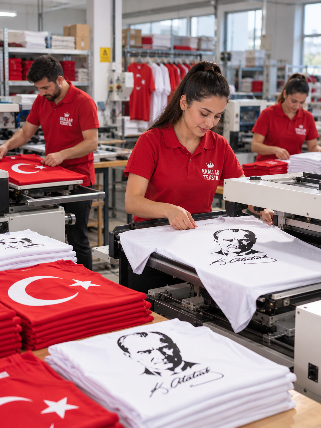 İstanbul’daki okulların Cumhuriyet Bayramı törenleri ve gösterileri için öğrenci bedenlerine uygun olarak toplu hazırlanan Türk Bayraklı tişörtler.