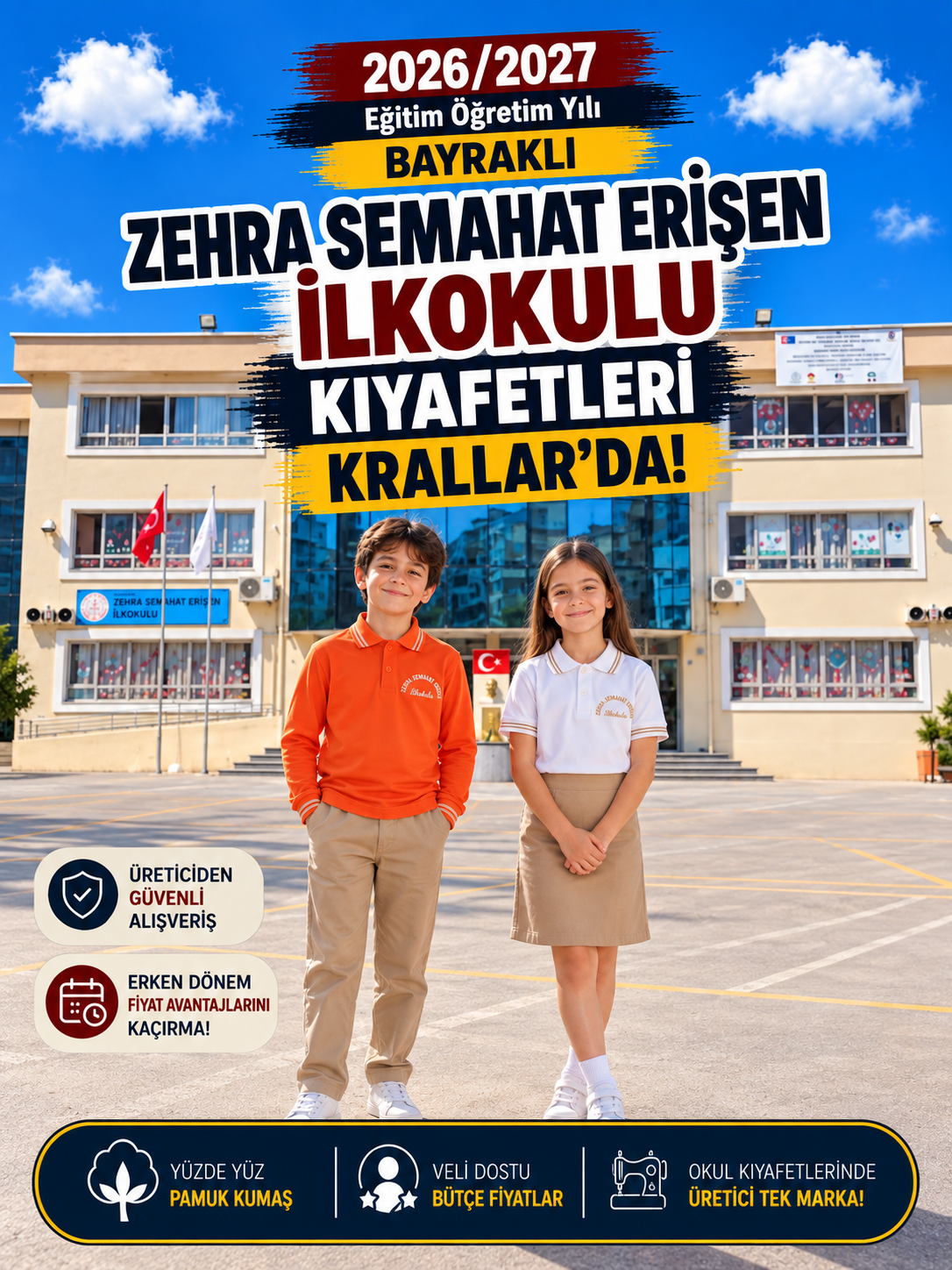 İzmir Bayraklı Zehra Semahat Erişen İlkokulu okul kıyafetleri ve okul forması, Krallar Tekstil tarafından okulun forma modeline uygun olarak üretilmektedir.