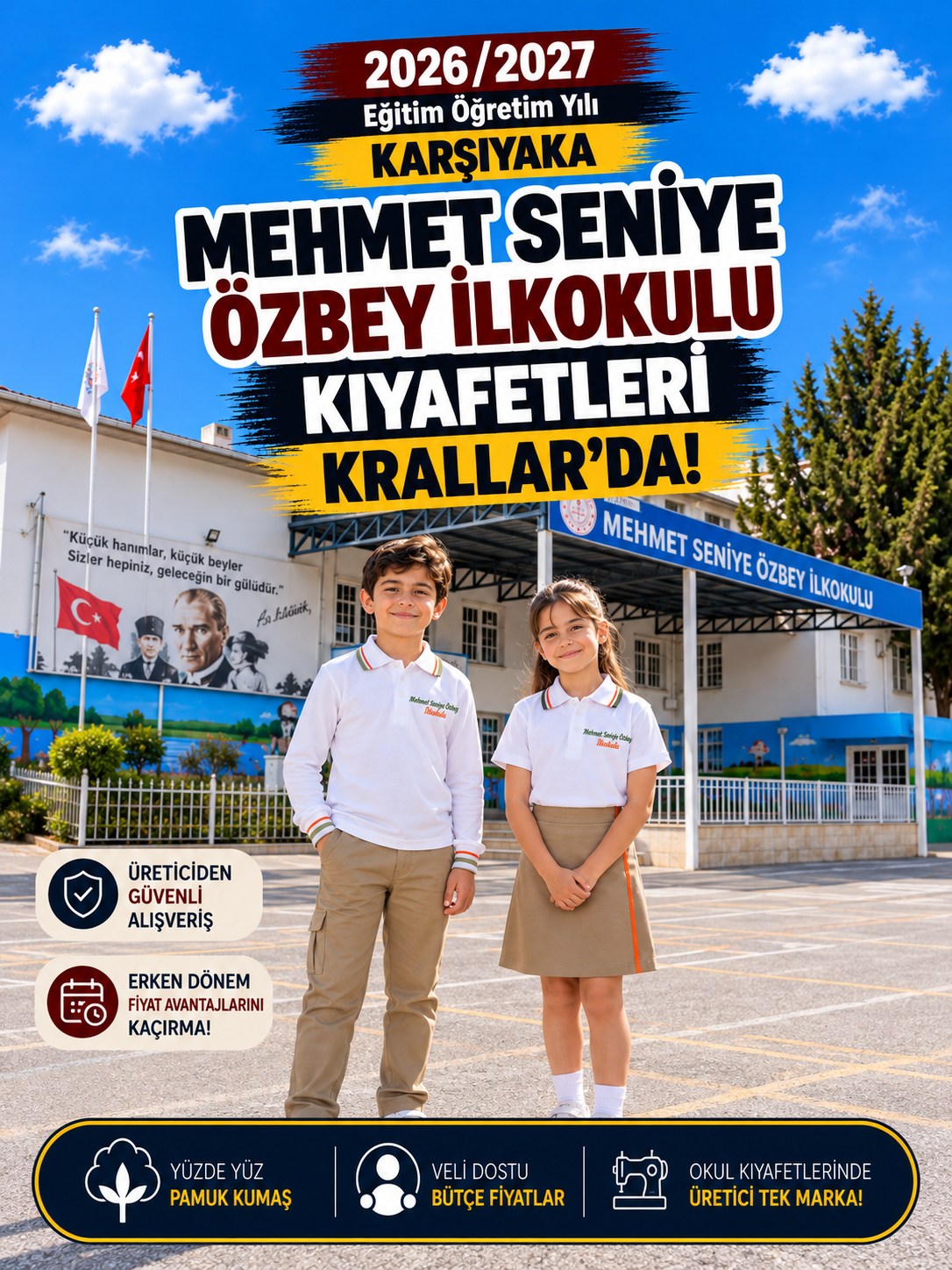 İzmir Karşıyaka Mehmet Seniye Özbey İlkokulu okul kıyafetleri ve okul forması, Krallar Tekstil tarafından okulun forma modeline uygun olarak üretilmektedir.