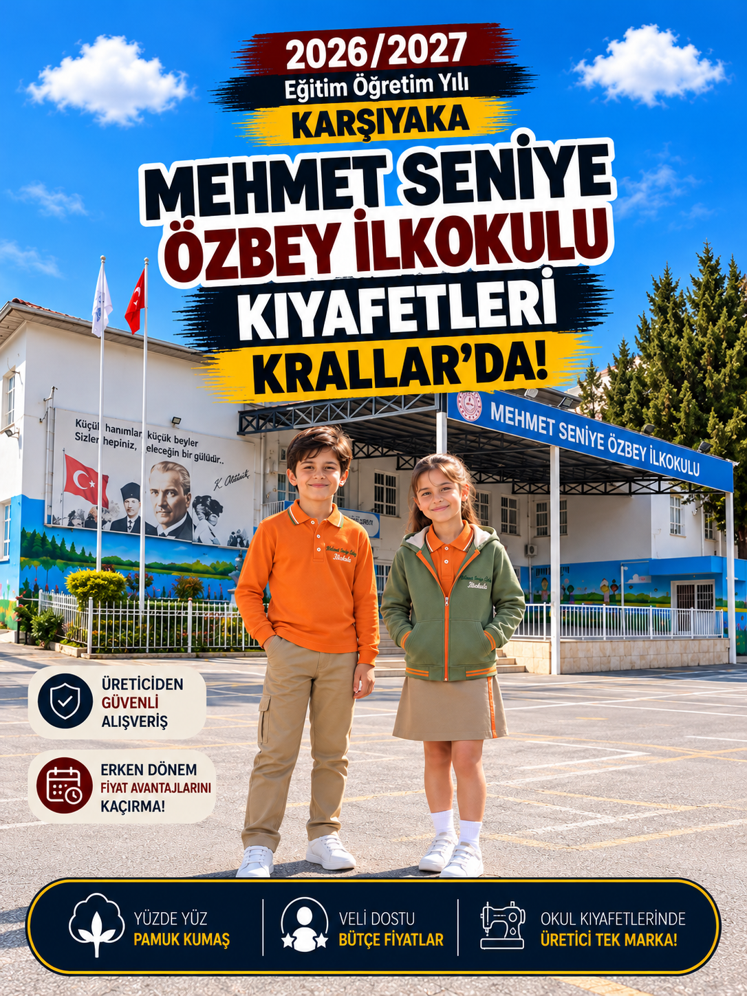 İzmir Karşıyaka Mehmet Seniye Özbey İlkokulu okul kıyafetleri ve okul forması, Krallar Tekstil tarafından okulun forma modeline uygun olarak üretilmektedir.