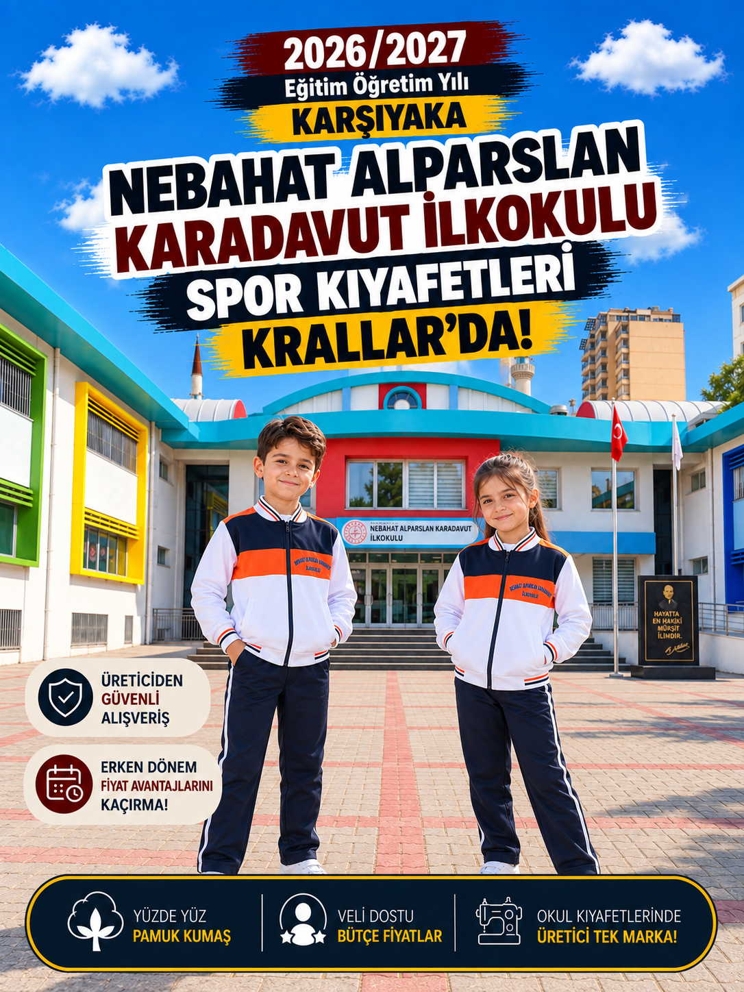 İzmir Karşıyaka Nebahat Alparslan Karadavut İlkokulu spor kıyafetleri ve okul eşofmanı, Krallar Tekstil tarafından okulun modeline uygun olarak üretilmektedir.