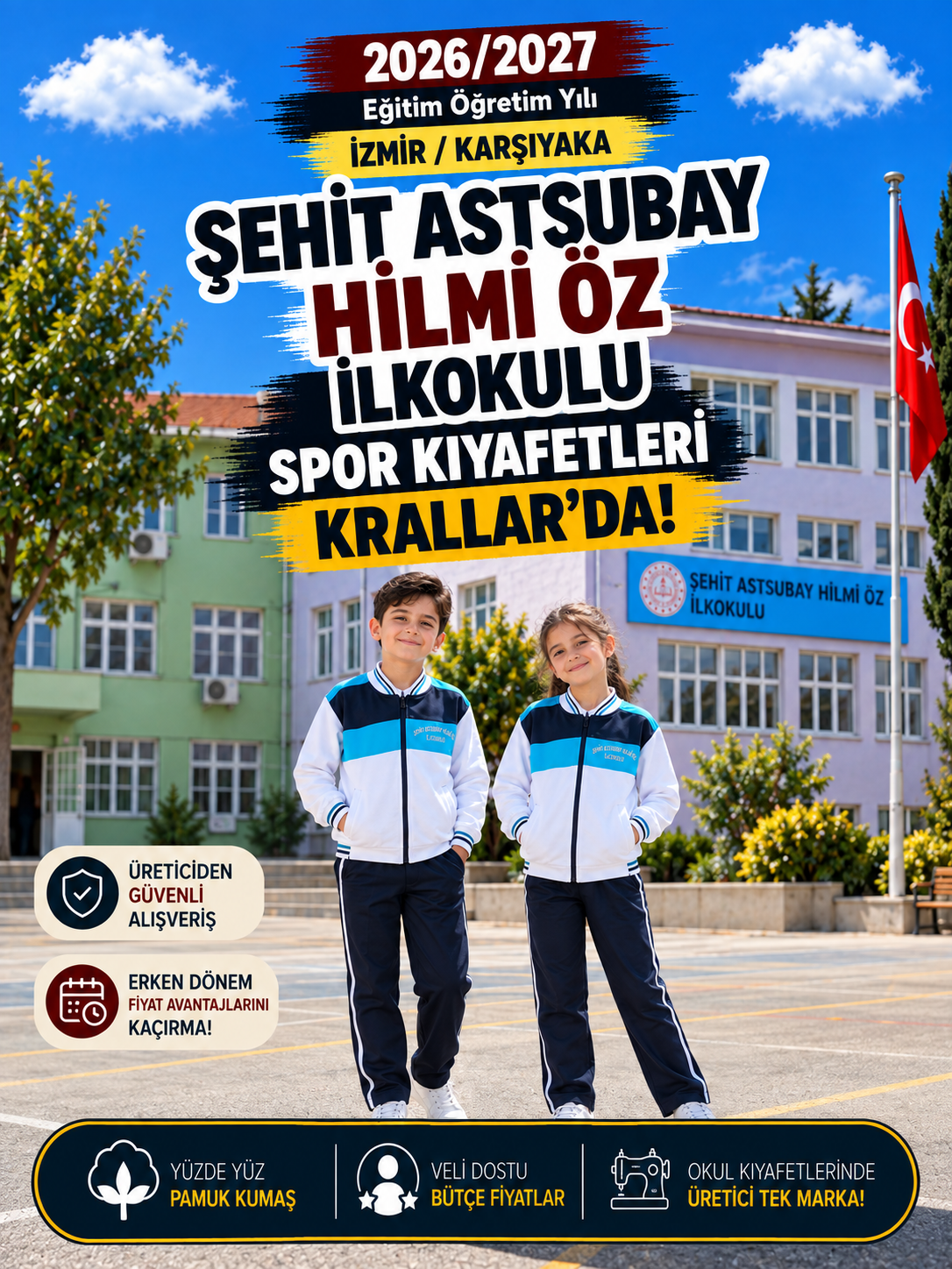 İzmir Karşıyaka Şehit Astsubay Hilmi Öz İlkokulu spor kıyafetleri ve okul eşofmanı, Krallar Tekstil tarafından okulun modeline uygun olarak üretilmektedir.