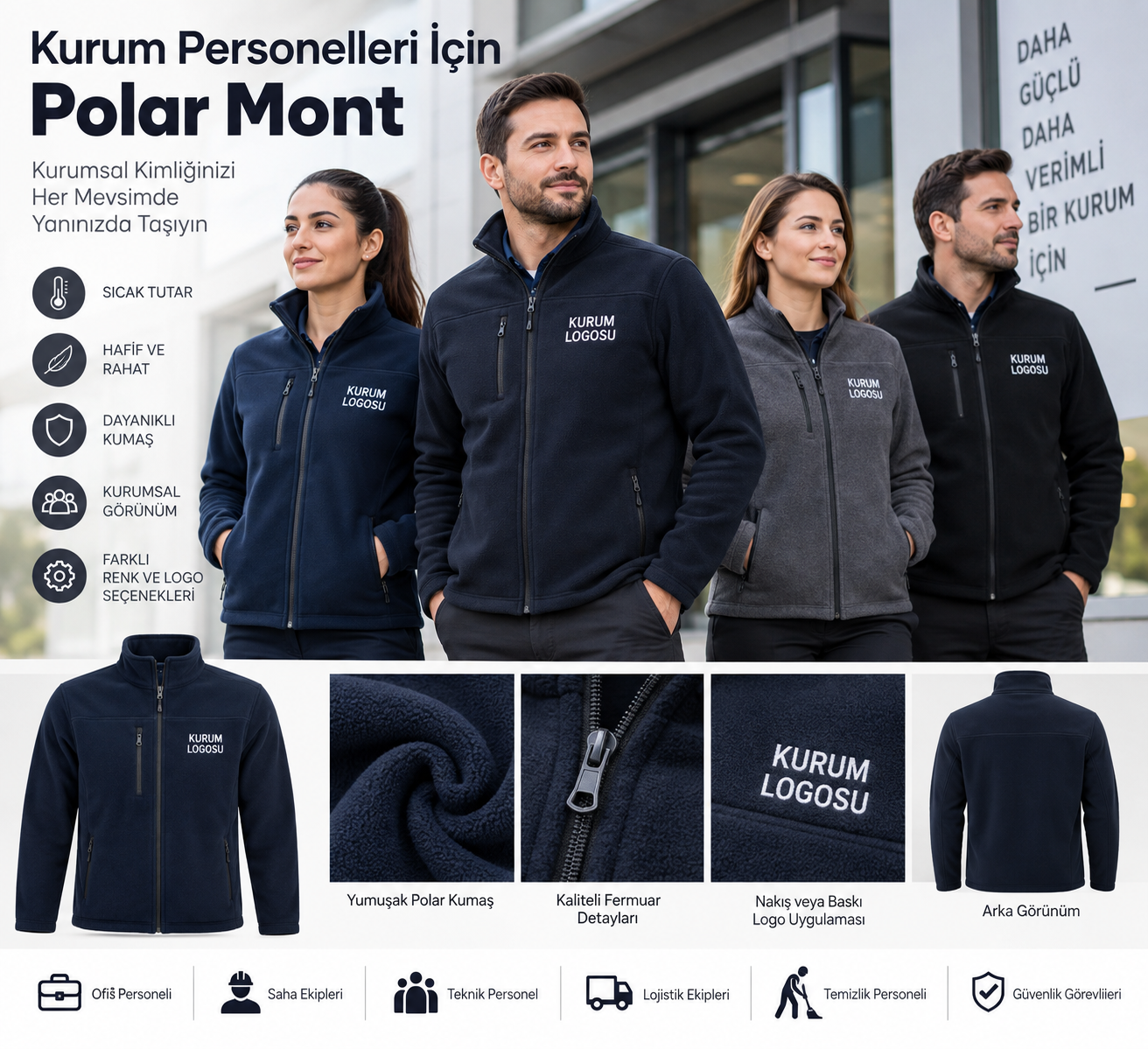 Kurum çalışanları için farklı renk seçenekleriyle üretilen, kurumsal kullanıma uygun fermuarlı polar mont modelleri.