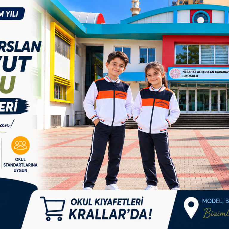 İzmir Karşıyaka Nebahat Alparslan Karadavut İlkokulu 2026-2027 eğitim öğretim yılı okul kıyafetleri; modern tasarım, kaliteli kumaş ve konforlu kullanım özellikleriyle Krallar Tekstil tarafından üretilen öğrenci kıyafetleri.