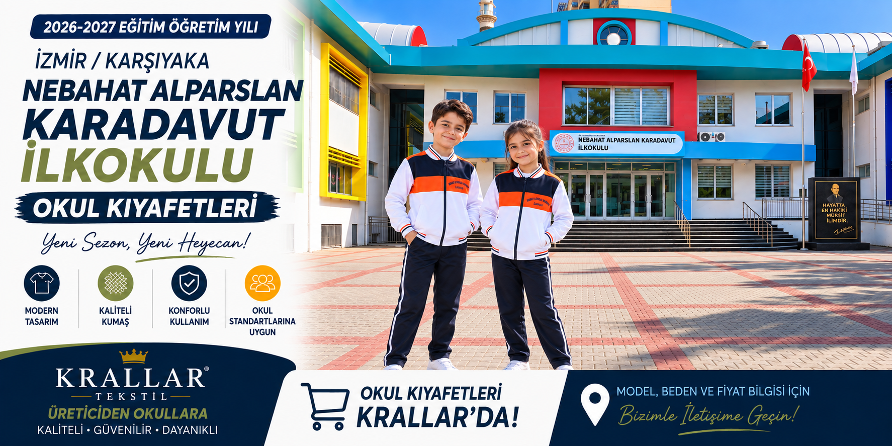 İzmir Karşıyaka Nebahat Alparslan Karadavut İlkokulu 2026-2027 eğitim öğretim yılı okul kıyafetleri; modern tasarım, kaliteli kumaş ve konforlu kullanım özellikleriyle Krallar Tekstil tarafından üretilen öğrenci kıyafetleri.
