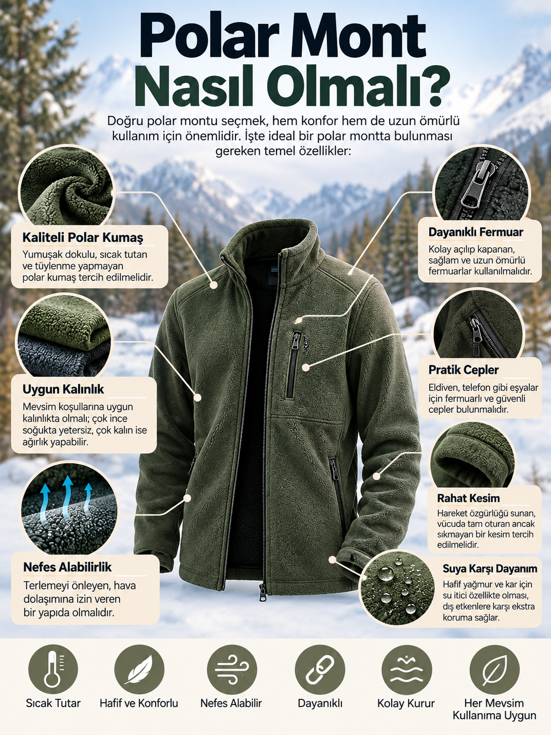 Polar mont seçiminde kumaş yapısı, kalınlık, fermuar, cep, rahat kesim ve kullanım özelliklerini gösteren bilgilendirici polar mont görseli.