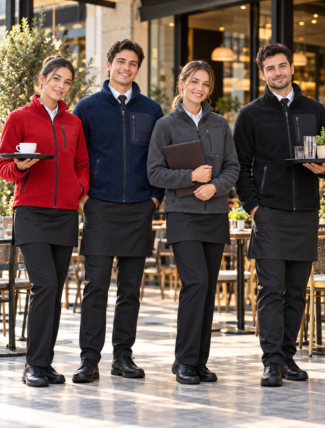 Restoran, kafe ve yiyecek-içecek hizmet personelleri için profesyonel görünüme uygun polar mont üretimi ve farklı renk alternatifleri.